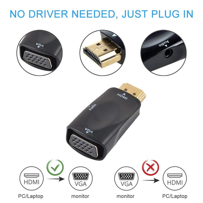 Guamar HDMI to VGA Adapter Converter with 3.5mm Audio Jack Cable for Older Monitor TV Computer Laptop PC Projector Desktop - 1080P HDMI Male to VGA Female Display Gold-Plated - Image 2
